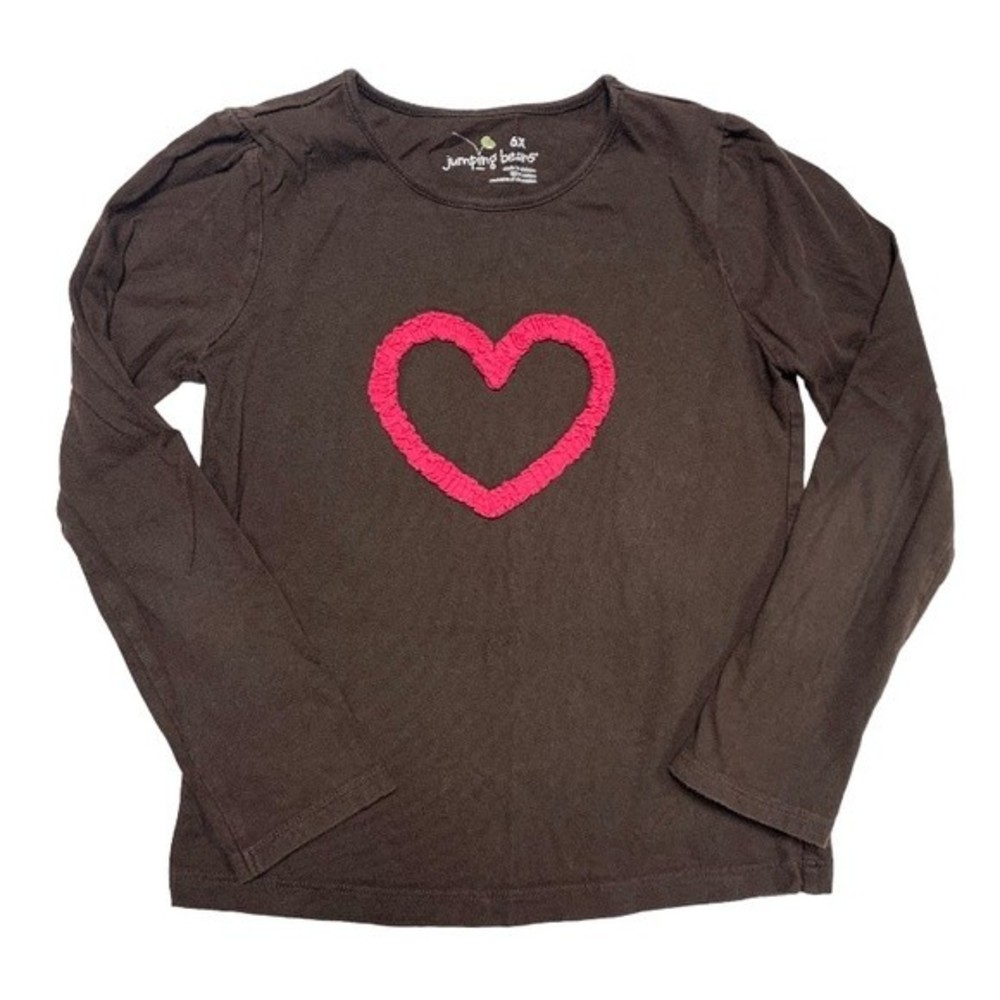 Adorable Brown Fall Color Embellished Pink Heart Long Sleeve Tee Shirt Top
